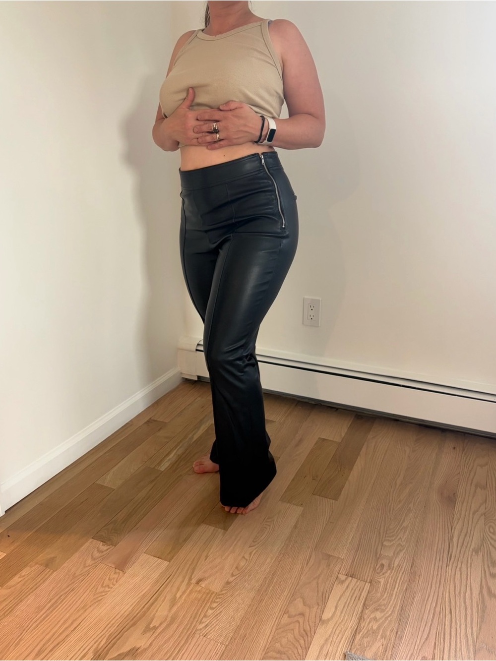 LOFT Size 10 Black Faux Leather Look. 
 Long Bootcut Flare Pants. Side Zipper.